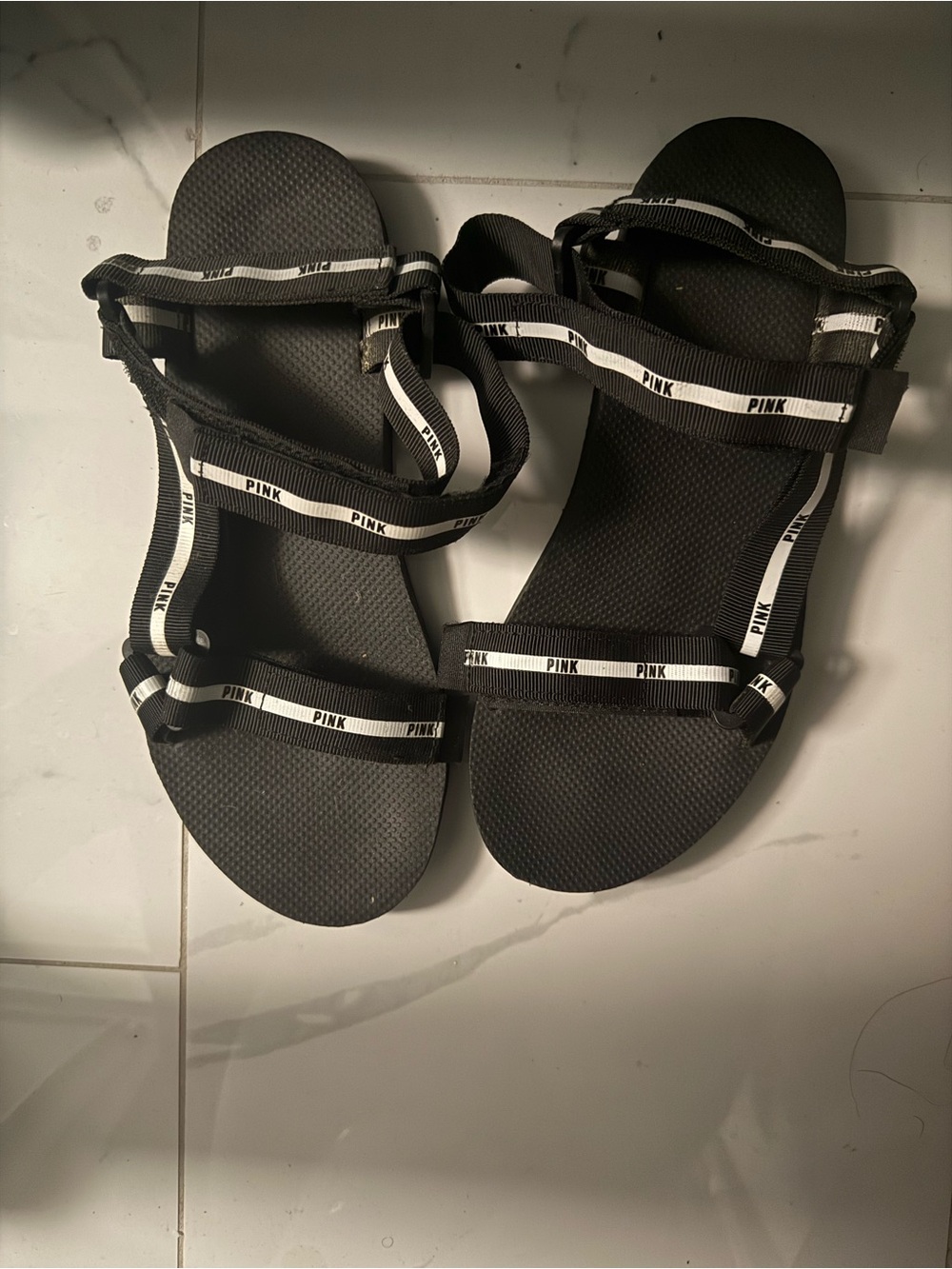PINK Victoria's Secret Black Strappy Logo Sandals